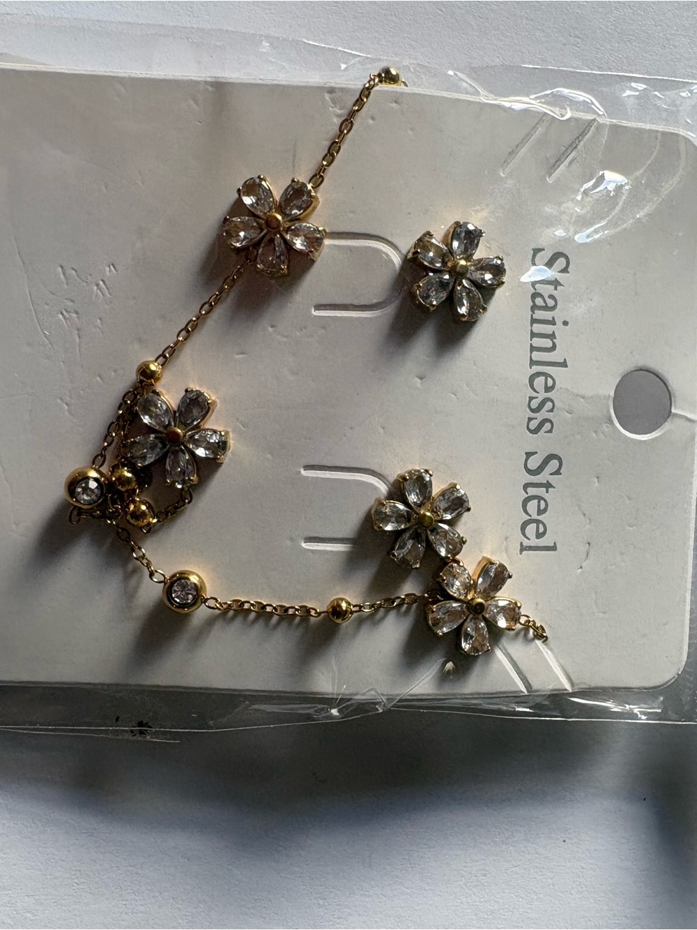 Gold Floral Crystal Necklace and Earrings Set - Stainless Steel